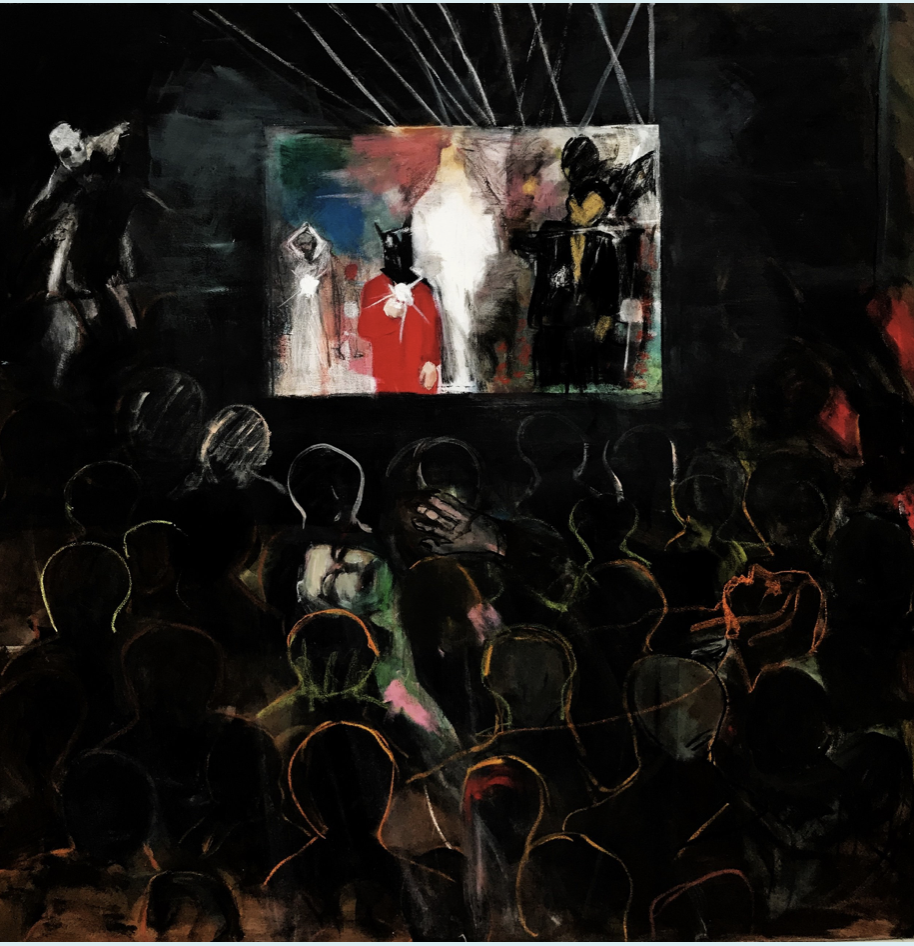 audience watching 175cms x 175cms acrylic oil and pastel on canvas